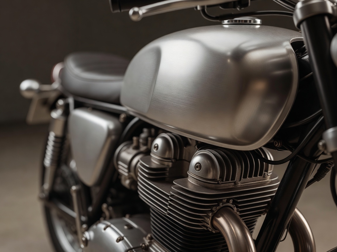Close-up beauty shot showcasing a modern classic retro motorcycle with a brushed metal tank plate and distinct cooling fins.