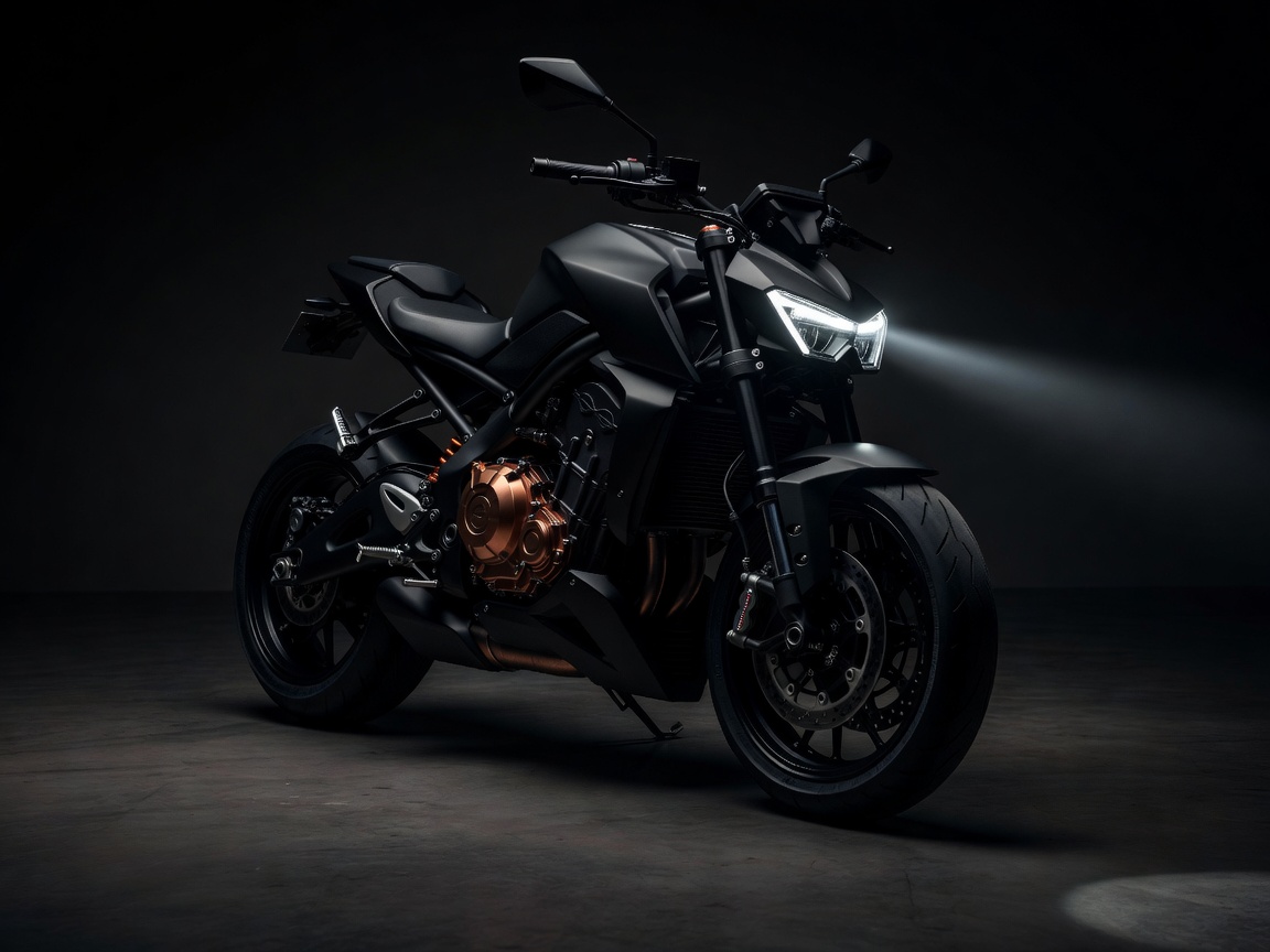 Dark studio shot of a raw matte black hyper-naked motorcycle emphasizing the copper-toned engine casing and dual LED projector headlight.