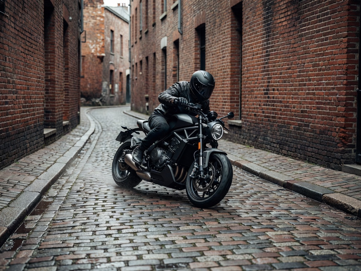 Eye-level tracking shot of an urban roadster motorcycle navigating a sharp, brick-lined European alleyway.